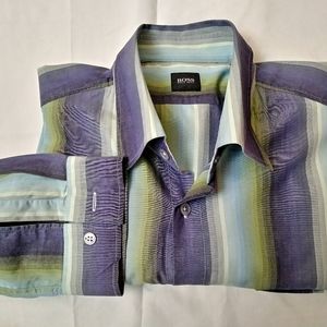 Hugo BOSS Men Long Sleeve Striped Dress Shirt. Men Button Down Shirt.